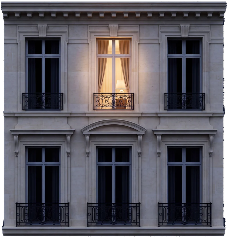 Fenêtre et balcon d'un petit immeuble haussmannien en copropriété — rendu architectural AD Syndic