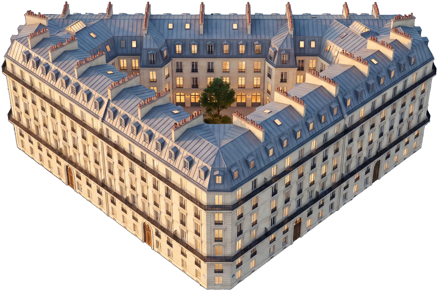 Îlot haussmannien triangulaire vu du ciel, cour intérieure arborée et fenêtres éclairées — rendu architectural AD Syndic
