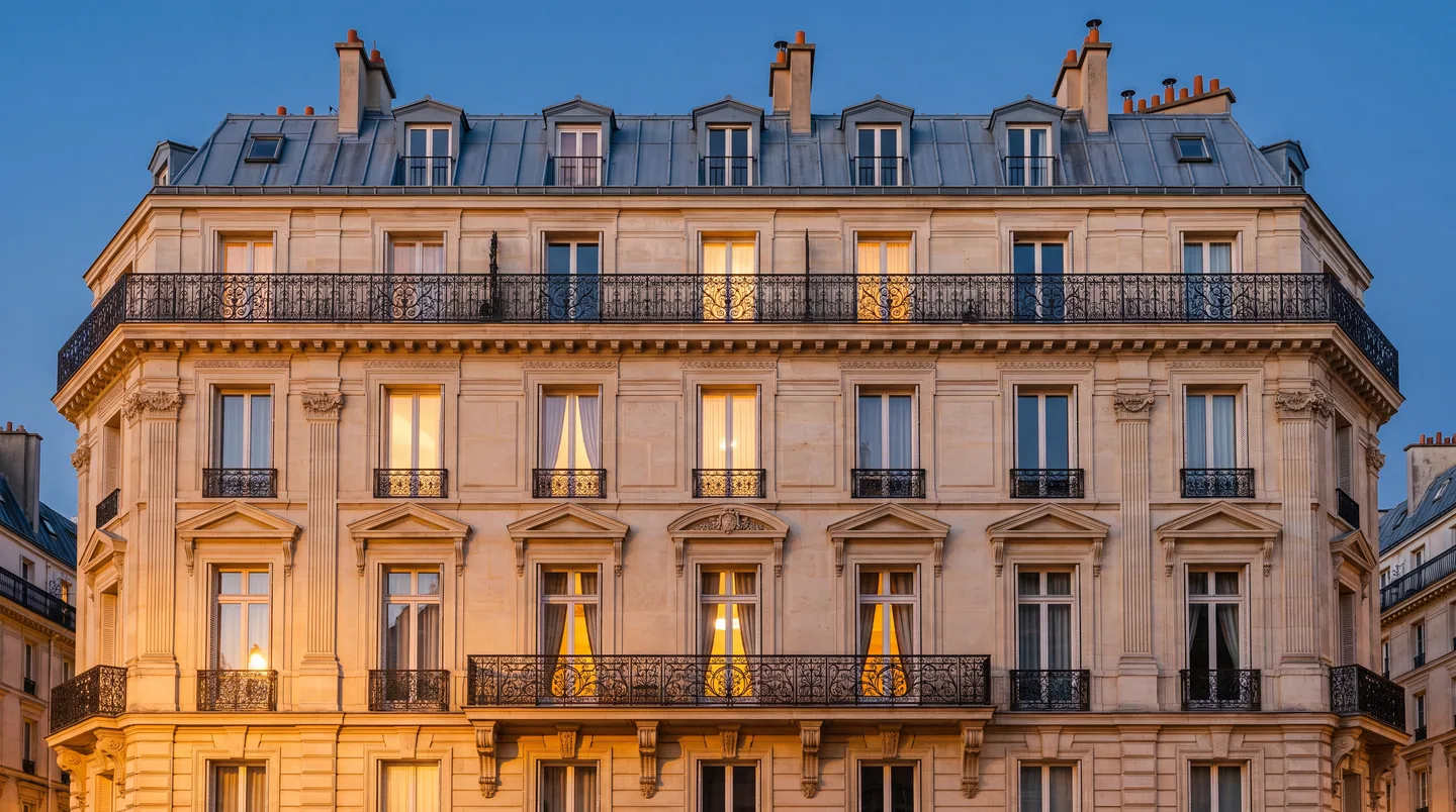 Façade d'immeuble haussmannien en pierre de taille à la lumière dorée du soir, fenêtres éclairées
